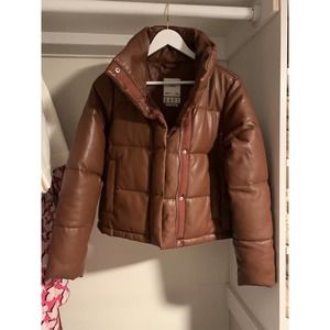 Abercrombie & Fitch Puffer Jacket Women's S Brown Vegan Leather Full Zipper